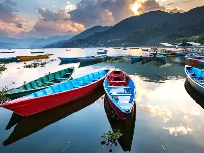 Colorful boats in Phewa lake in Pokhara