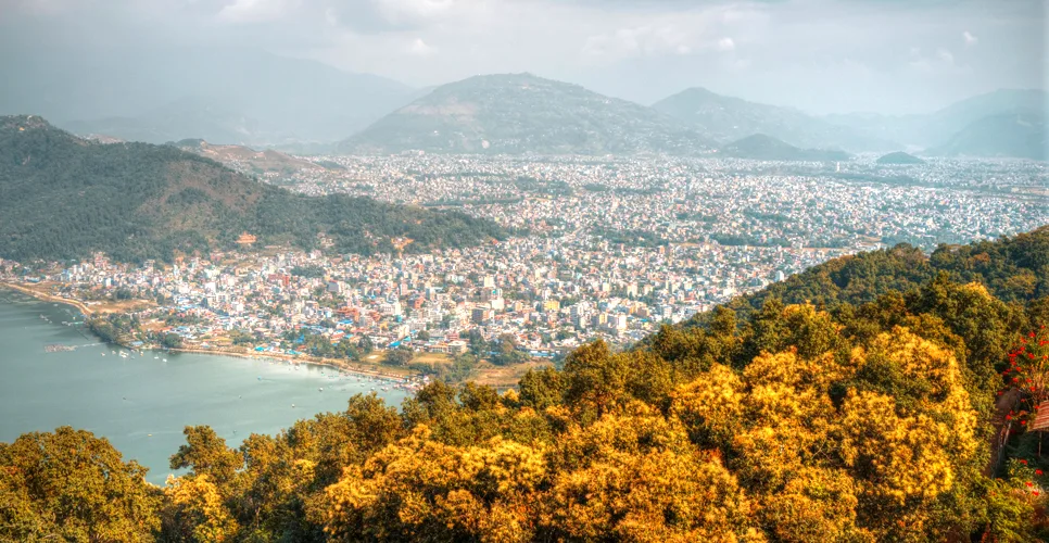 Lake Phewa, located in the Pokhara Valley near Pokhara and Sarangkot mountain