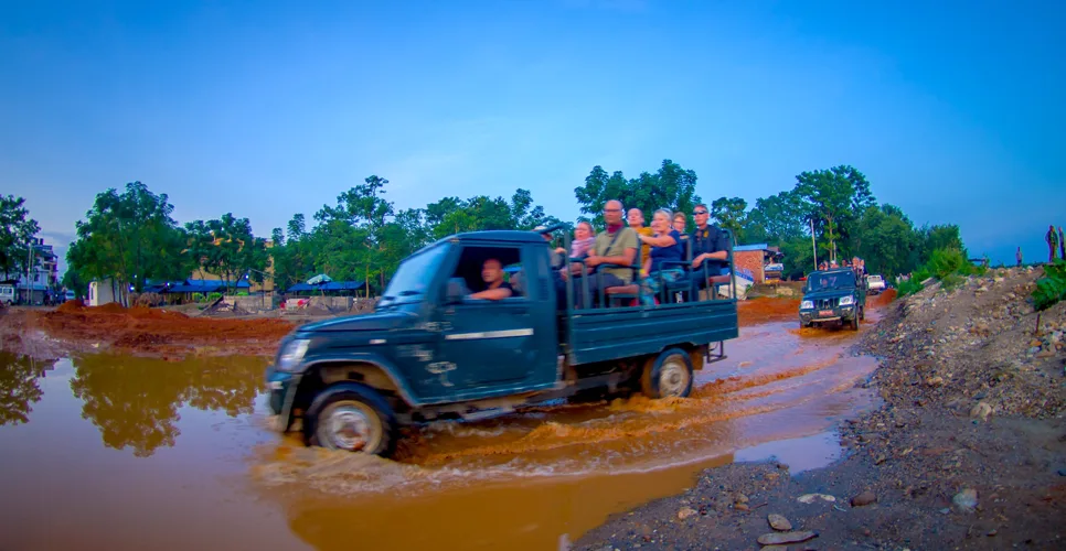 Happy tourists for jungle safari at Chitwan National Park